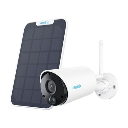 Witte Reolink B320 WiFi bulletcamera met zonnepaneel voor draadloze buitenbeveiliging.