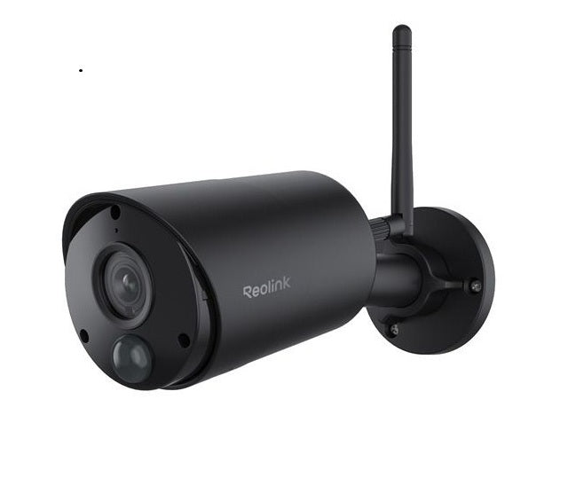 Zwarte Reolink B320 draadloze bullet buitencamera met WiFi-antenne en AI-detectie voor slimme beveiliging.