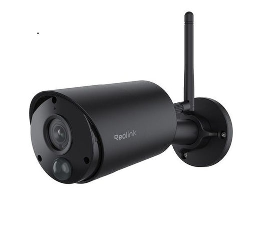 Zwarte Reolink B320 draadloze bullet buitencamera met WiFi-antenne en AI-detectie voor slimme beveiliging.