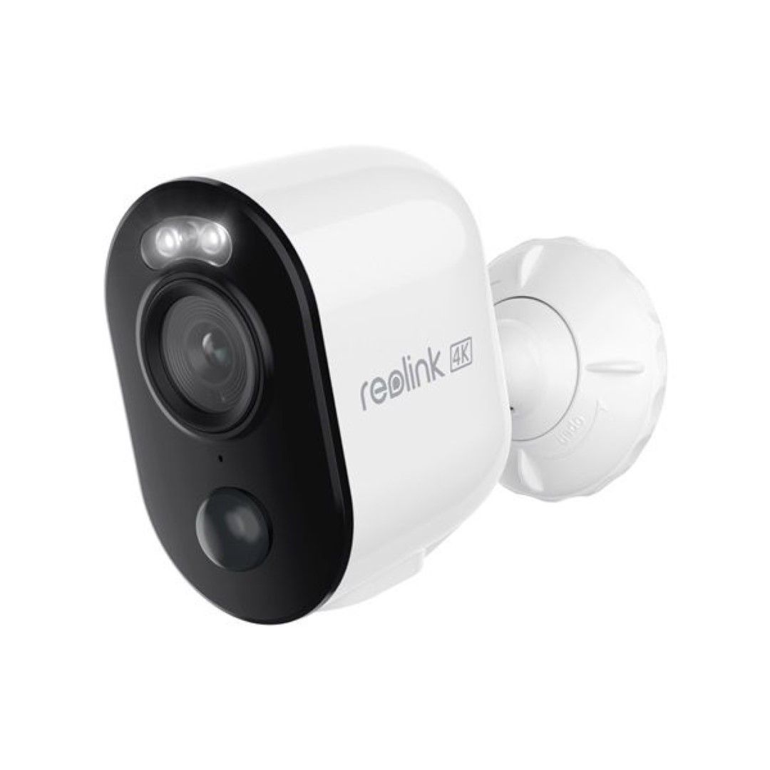 Witte Reolink B350 4K draadloze buitencamera met zwarte lensmodule, ingebouwde spotlight en verstelbare muurbeugel.