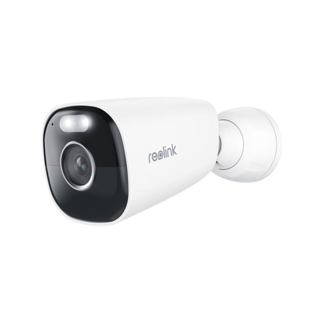 Witte Reolink B360 draadloze 4K bullet beveiligingscamera met spotlight en zwarte lensmodule.