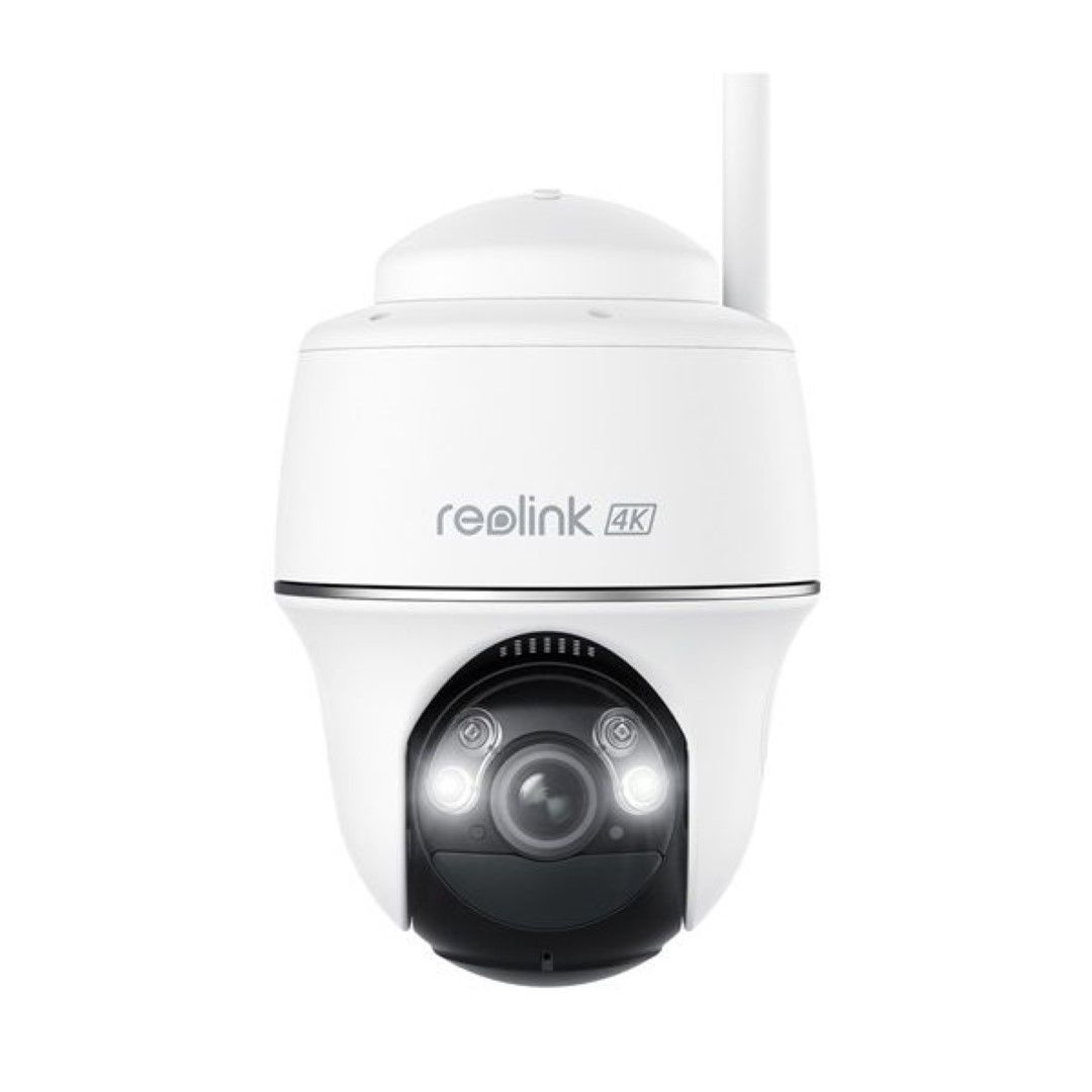 Witte Reolink B440 8MP 4K draadloze PTZ-buitencamera met spotlight en WiFi-antenne op een witte achtergrond.