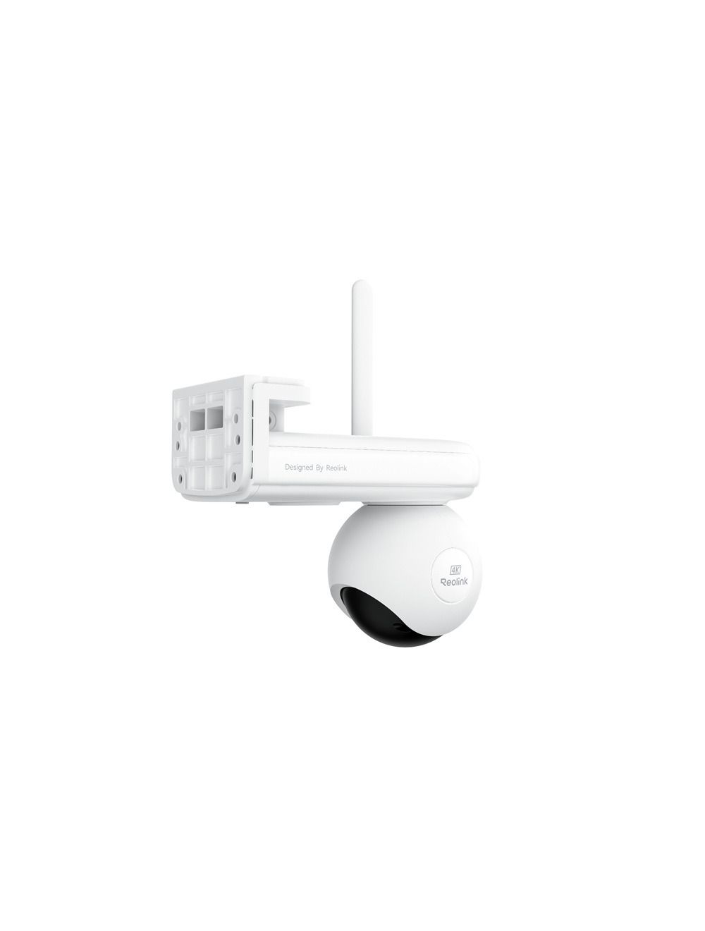 Witte Reolink B660 4K PTZ-buitencamera met WiFi-antenne, draaibaar dome-ontwerp en batterijhouder op een witte achtergrond.