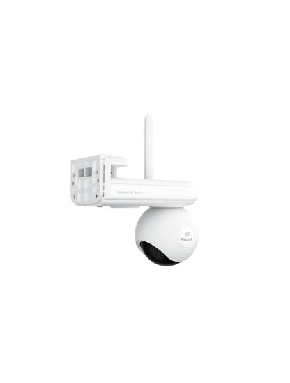 Witte Reolink B660 4K PTZ-buitencamera met WiFi-antenne, draaibaar dome-ontwerp en batterijhouder op een witte achtergrond.