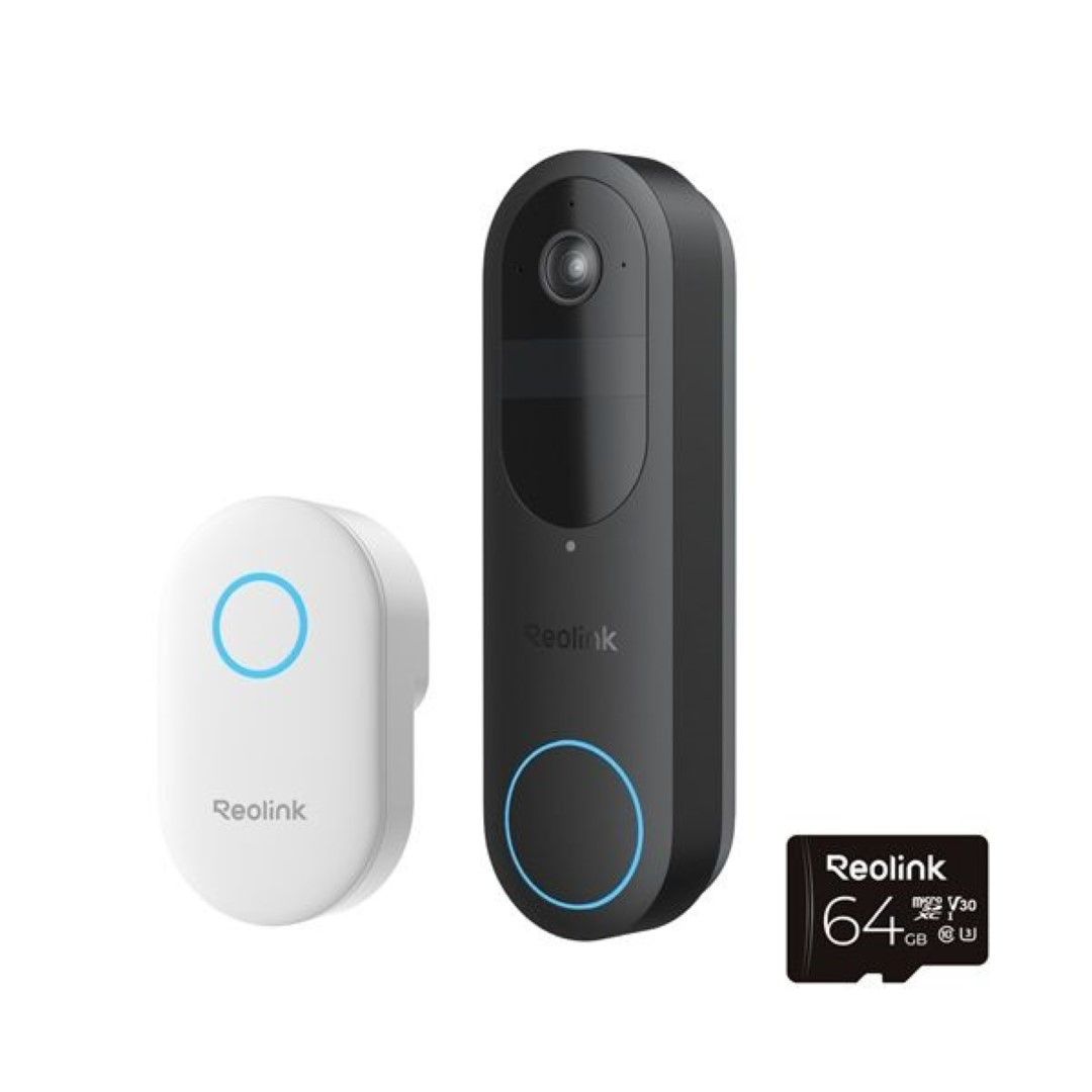 Zwarte Reolink D340B videodeurbel met witte draadloze gong en 64GB microSD-kaart.