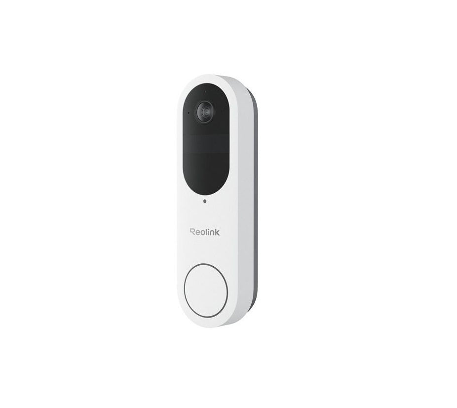 Witte Reolink D340B draadloze 4MP WiFi video deurbel met camera en ronde drukknop.