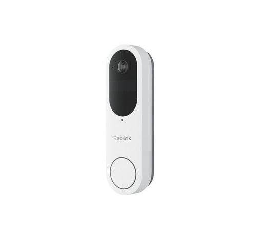 Witte Reolink D340B draadloze 4MP WiFi video deurbel met camera en ronde drukknop.