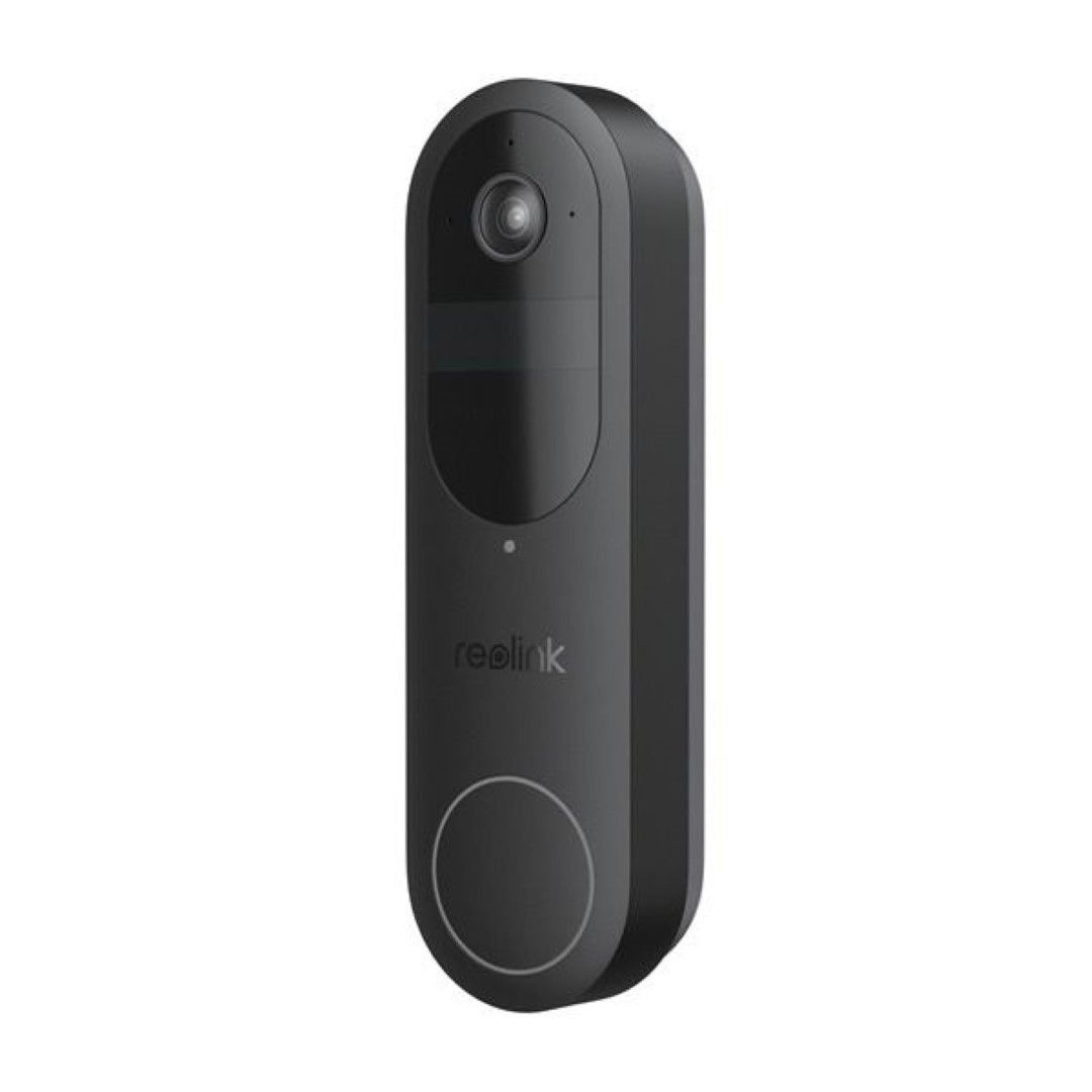 Zwarte Reolink D340B draadloze videodeurbel met camera en ronde drukknop in een strak, modern design.