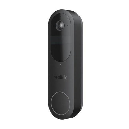 Zwarte Reolink D340B draadloze videodeurbel met camera en ronde drukknop in een strak, modern design.