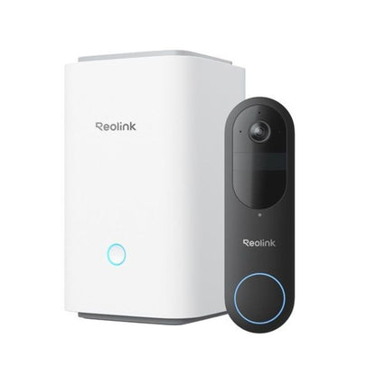 Zwarte Reolink D340B videodeurbel met witte Home Hub1 voor lokale opslag en slimme AI-detectie.