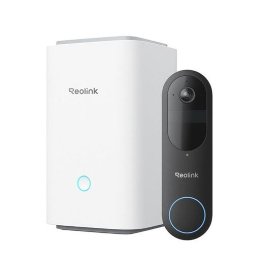 Zwarte Reolink D340B videodeurbel met witte Home Hub1 voor lokale opslag en slimme AI-detectie.