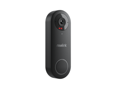 Zwarte Reolink D340P PoE video deurbel met 5MP camera, IR-nachtzicht en ronde drukknop in een strak, ovaal design.