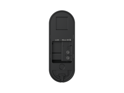 Zwarte achterkant van Reolink D340P PoE deurbel met zichtbare LAN-poort, MicroSD-slot en resetknop.