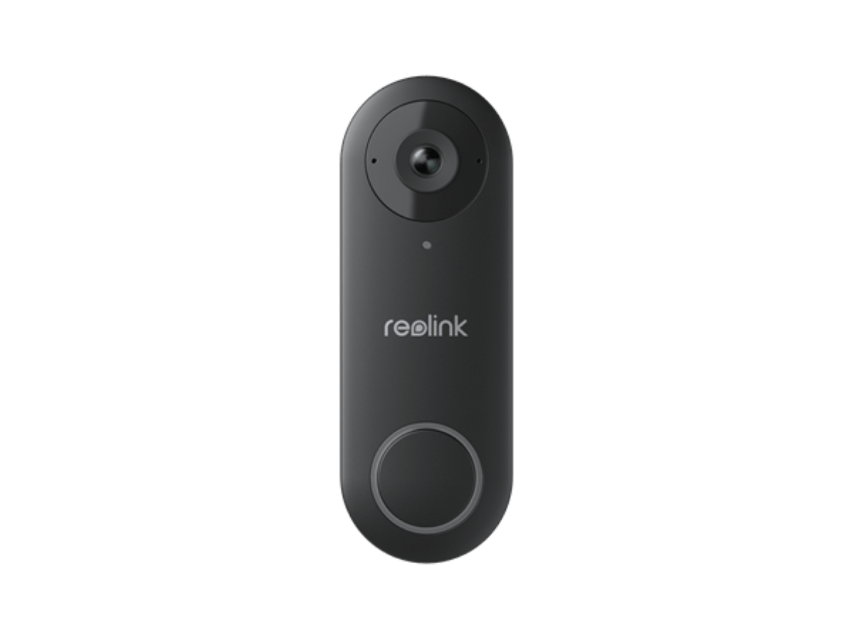 Zwarte Reolink D340W 5MP WiFi video deurbel met camera en ronde drukknop in een slank, modern design.