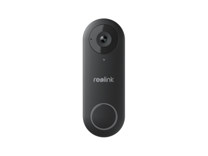 Zwarte Reolink D340W 5MP WiFi video deurbel met camera en ronde drukknop in een slank, modern design.