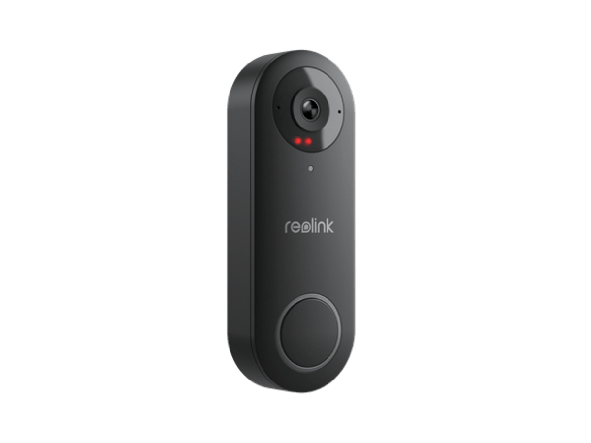 Zwarte Reolink D340W 5MP WiFi video deurbel met camera, nachtzicht en ronde drukknop in een slank, modern design.