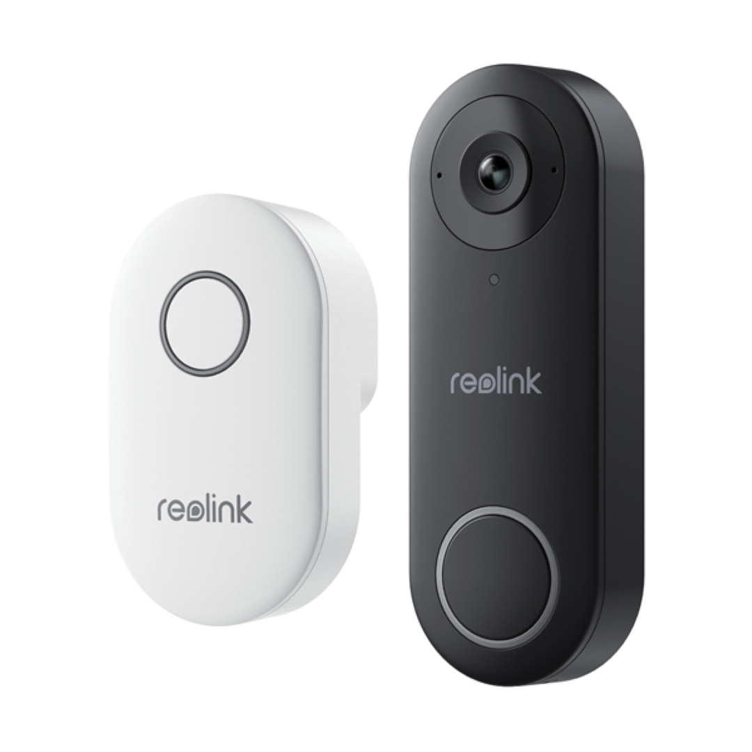 Reolink D340W 5MP WiFi video deurbel in zwart met bijbehorende witte draadloze gong.