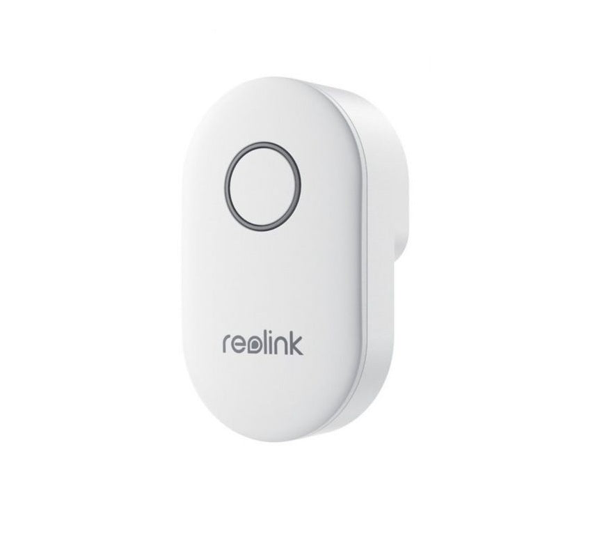 Witte, compacte Reolink deurbelgong met een strak ovaal design en een centrale ronde knop op een witte achtergrond.