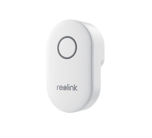 Witte, compacte Reolink deurbelgong met een strak ovaal design en een centrale ronde knop op een witte achtergrond.