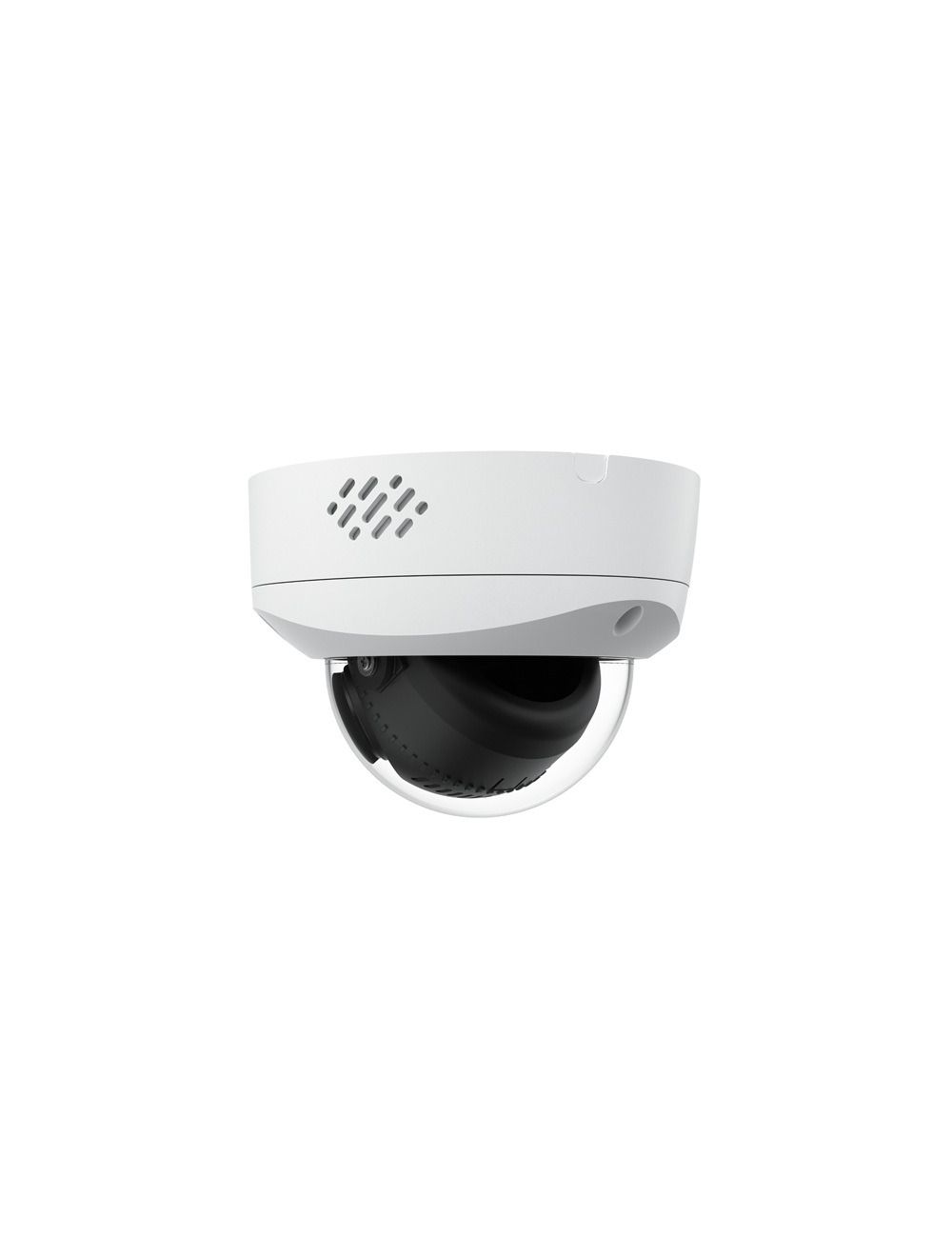 Witte Reolink P737 dual-lens dome camera met zwart cameramechanisme en transparante koepel voor 180° panoramisch beeld.