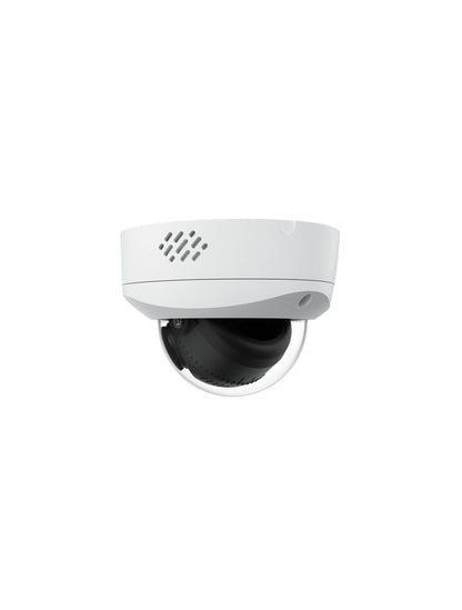 Witte Reolink P737 dual-lens dome camera met zwart cameramechanisme en transparante koepel voor 180° panoramisch beeld.