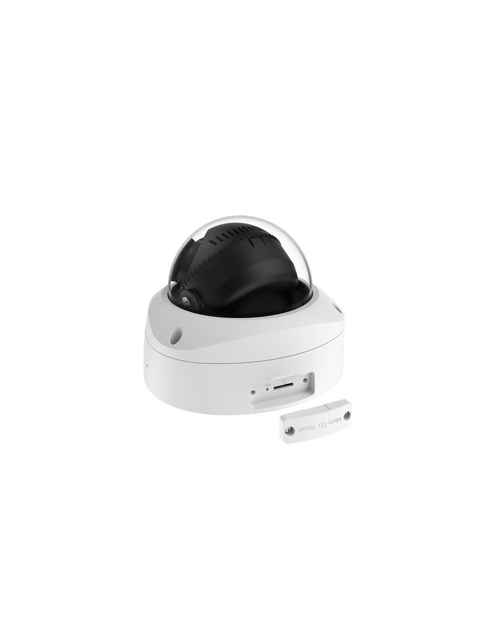 Witte Reolink Duo P757 panoramische dome camera met zwarte lensmodule en open micro-SD kaartslot.