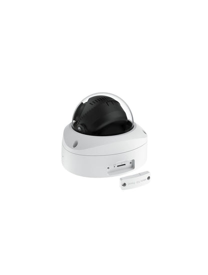 Witte Reolink Duo P757 panoramische dome camera met zwarte lensmodule en open micro-SD kaartslot.