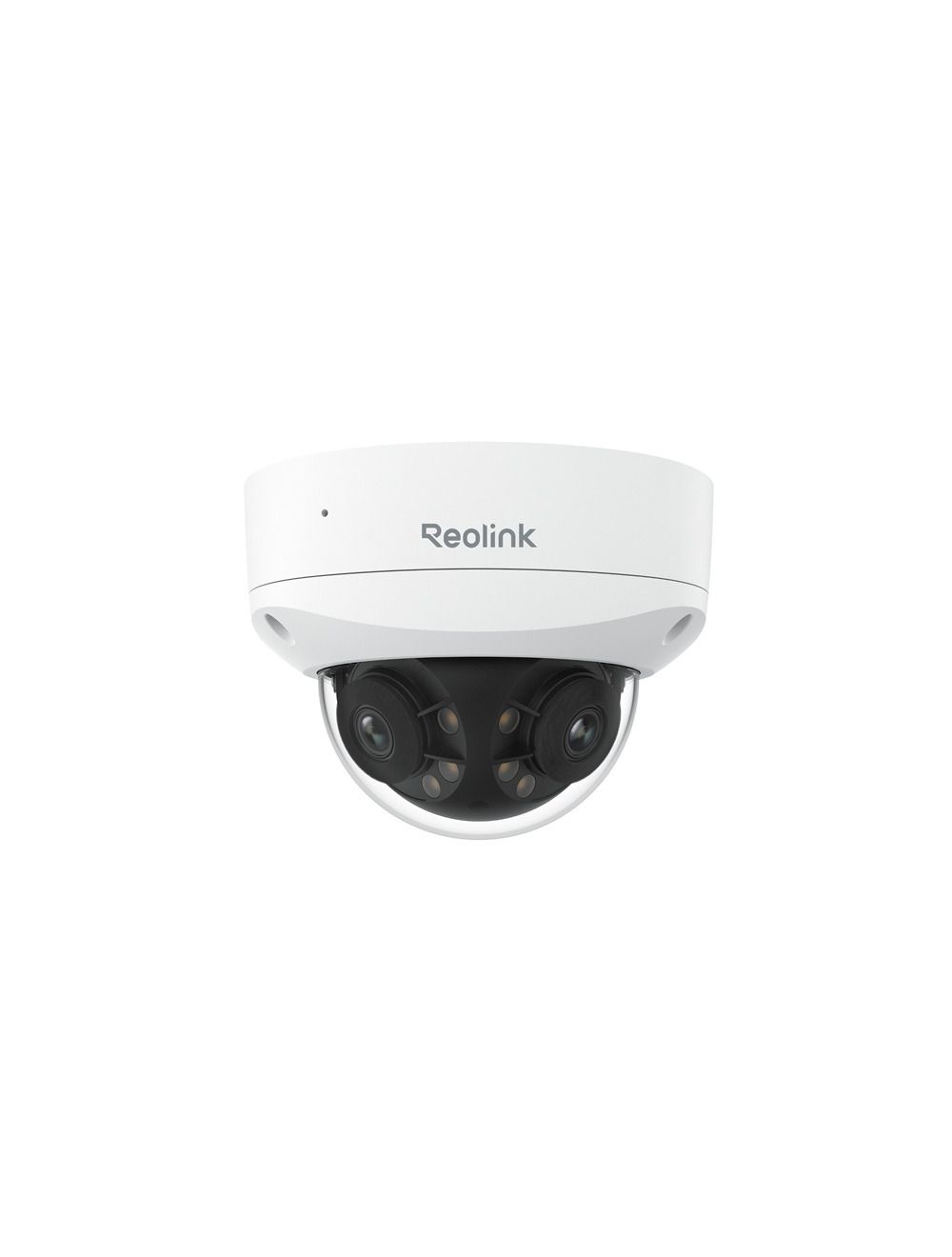 Witte Reolink Duo P757 panoramische dome camera met dubbele 4K-lenzen in een vandaalbestendige behuizing.
