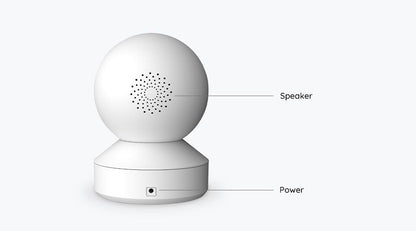 Witte Reolink E340 PTZ-camera achterkant met speaker en stroomaansluiting.