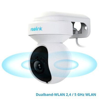 Witte Reolink E540 WiFi PTZ dome camera met 5MP lens, spotlight en draadloos signaal icoon.