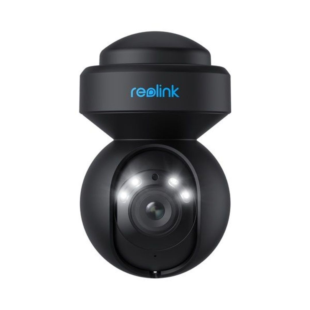Zwarte Reolink E540 5MP WiFi PTZ dome camera met spotlight en lens voor scherpe bewakingsbeelden.