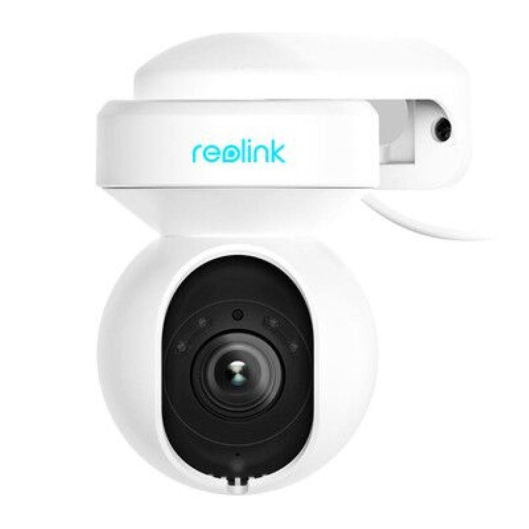 Witte Reolink E560-W 8MP WiFi 6 PTZ dome camera met zwarte lens en spotlight voor slimme beveiliging.