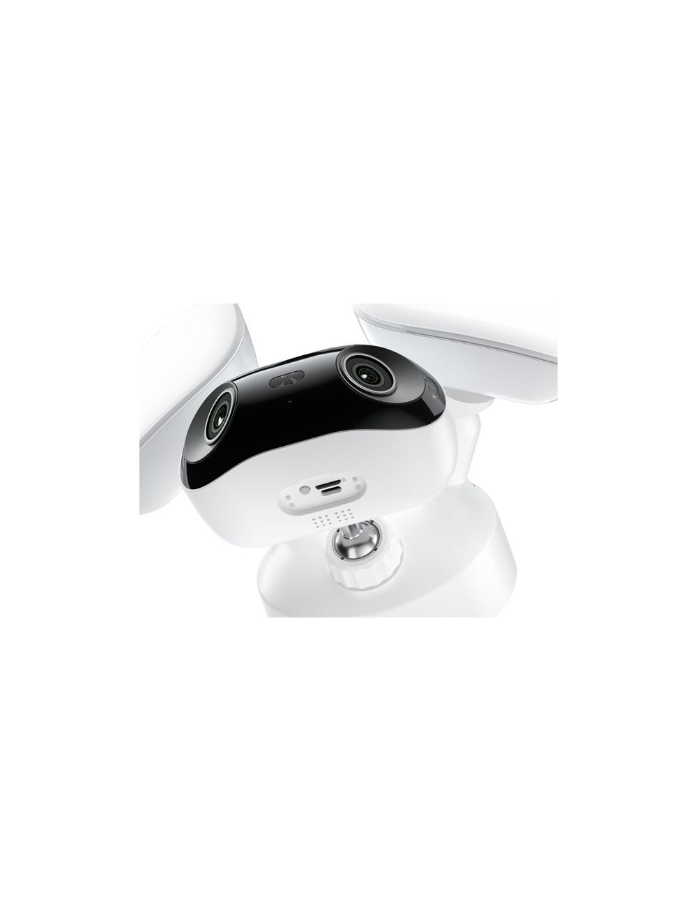 Reolink F751W 16MP panoramische beveiligingscamera met witte behuizing, dubbele lenzen en verstelbare LED-schijnwerpers.