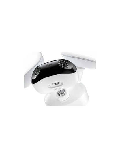 Reolink F751W 16MP panoramische beveiligingscamera met witte behuizing, dubbele lenzen en verstelbare LED-schijnwerpers.