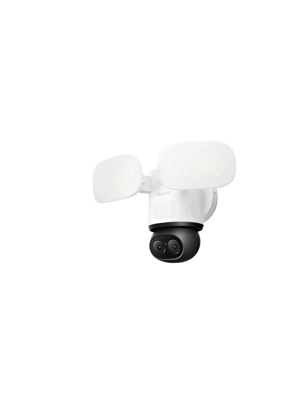 Witte Reolink F850W 4K beveiligingscamera met dubbele lens, 360° pan-tilt en verstelbare led-schijnwerpers.