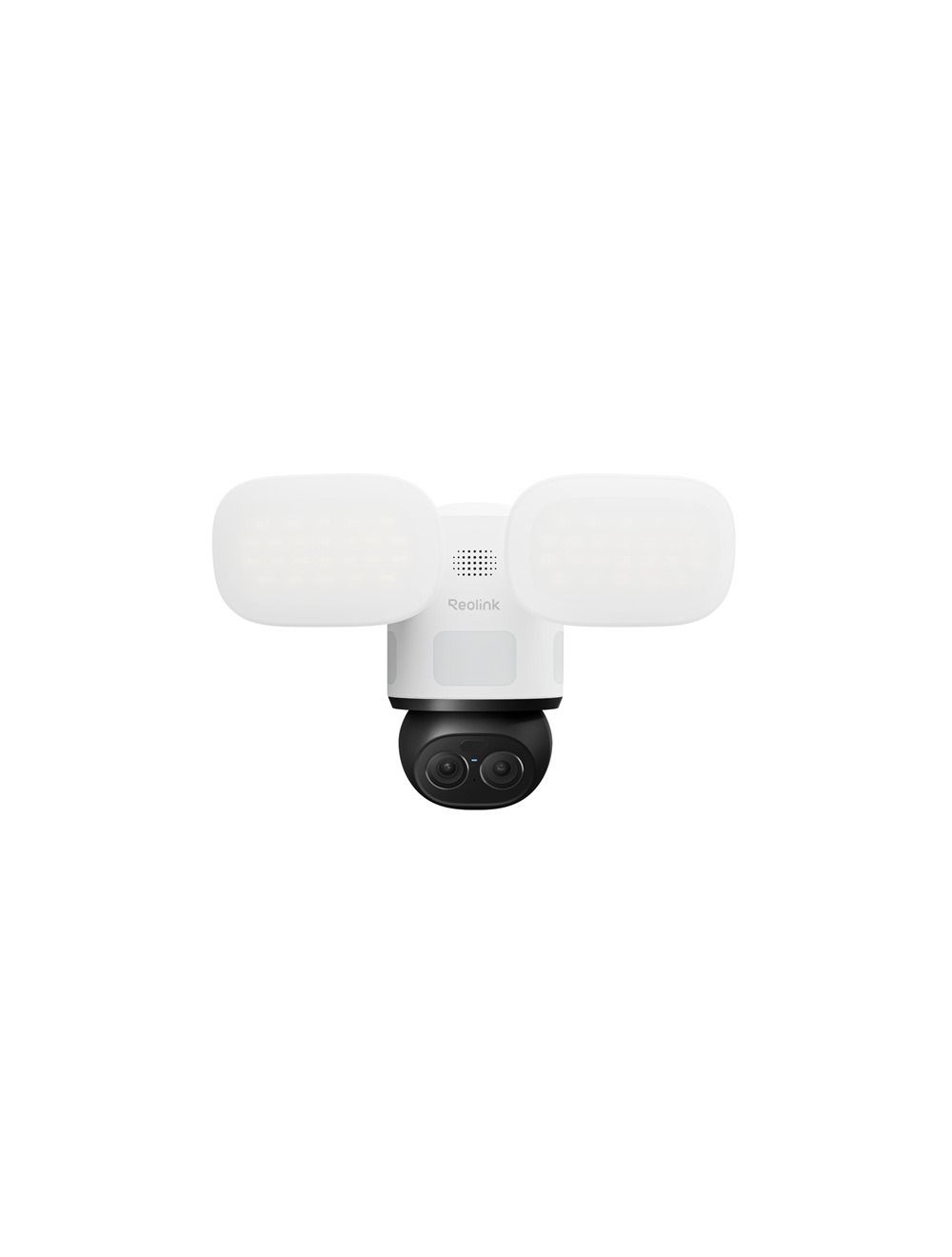 Witte Reolink F850W 4K dual-lens beveiligingscamera met twee verstelbare schijnwerpers en zwarte pan-tilt camerakop.