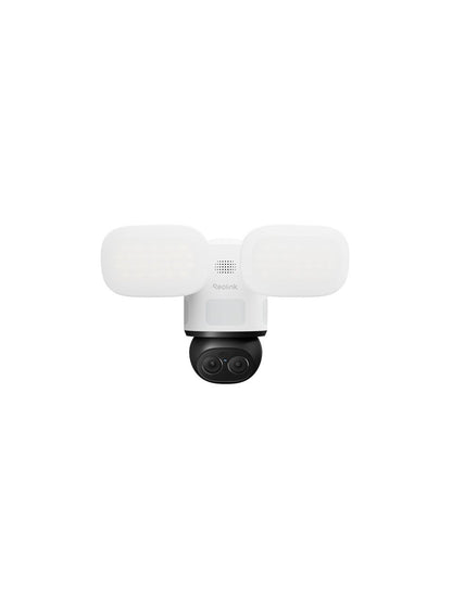 Witte Reolink F850W 4K dual-lens beveiligingscamera met twee verstelbare schijnwerpers en zwarte pan-tilt camerakop.