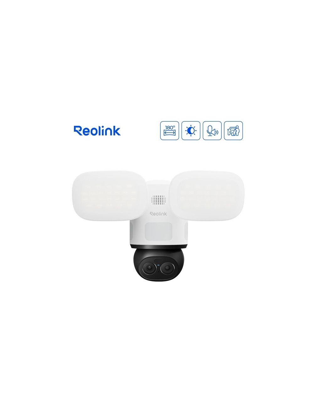 Witte Reolink F850W 4K dual-lens beveiligingscamera met verstelbare schijnwerpers en AI-gestuurde pan-tilt tracking.