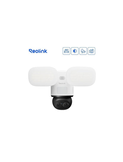 Witte Reolink F850W 4K dual-lens beveiligingscamera met verstelbare schijnwerpers en AI-gestuurde pan-tilt tracking.