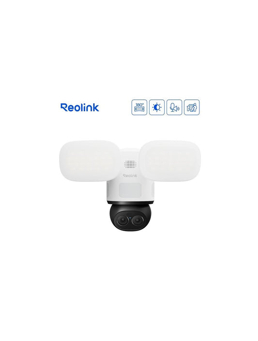 Witte Reolink F850W 4K dual-lens beveiligingscamera met verstelbare schijnwerpers en AI-gestuurde pan-tilt tracking.