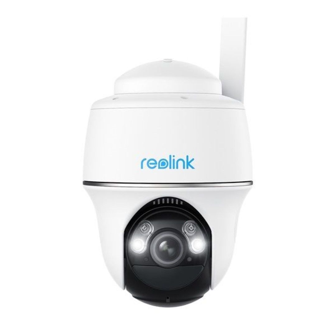 Witte Reolink G440 5MP 4G PTZ-beveiligingscamera met antenne en ingebouwde led-verlichting voor nachtzicht.