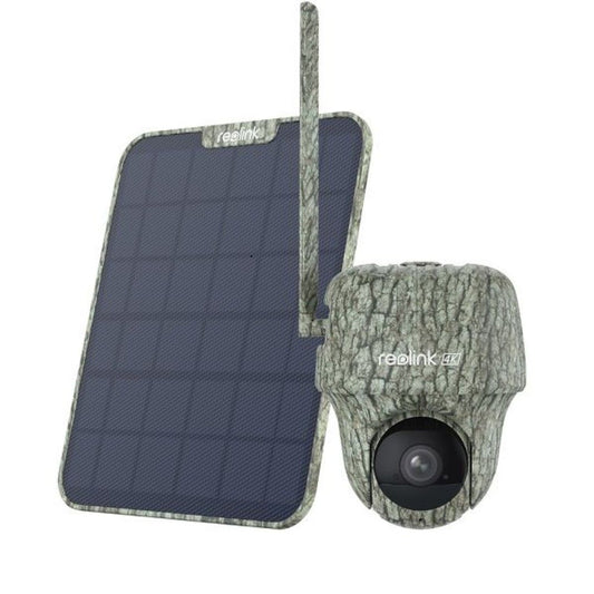 Reolink G450 4K wildlife camera met camouflagepatroon, 4G-antenne en bijbehorend 6W zonnepaneel voor draadloze observatie.