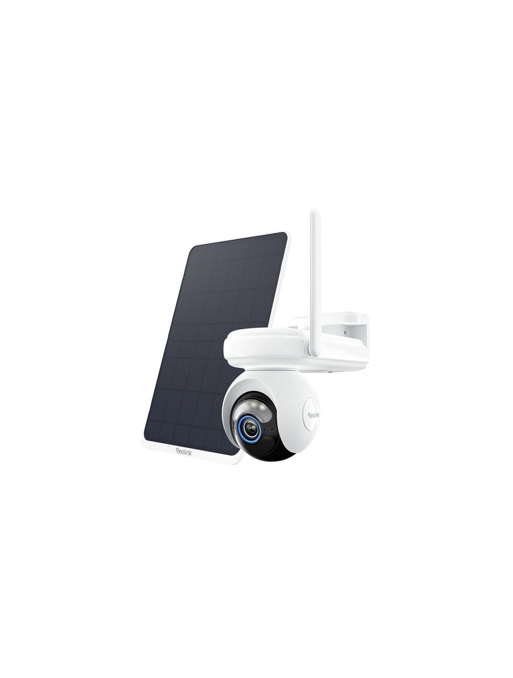 Witte Reolink G650 4G PTZ-beveiligingscamera met bijbehorend 12W zonnepaneel tegen een witte achtergrond.