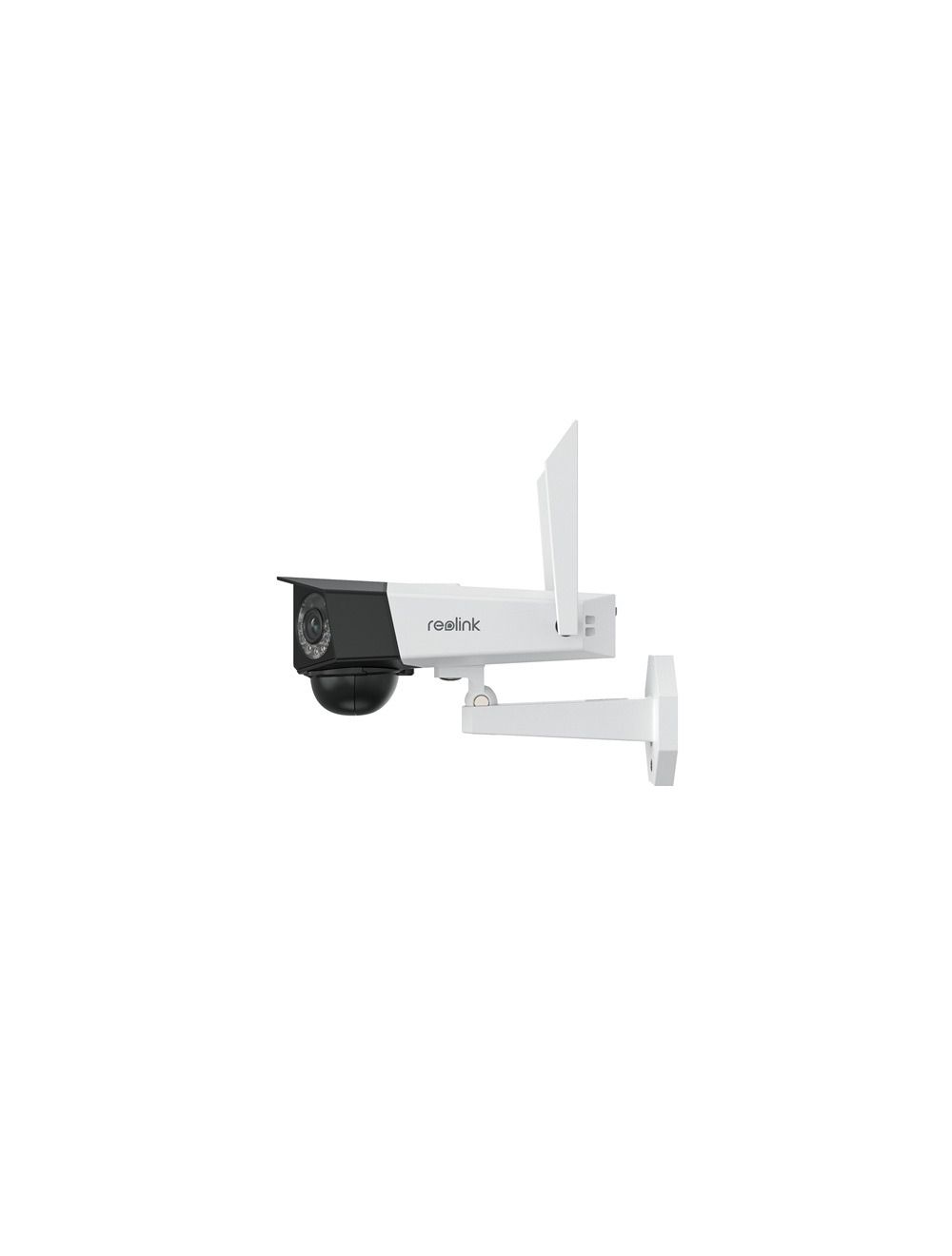 Witte Reolink G750-W dual-lens bullet beveiligingscamera met WiFi-antenne en zwarte camerakop voor buiten.