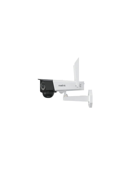 Witte Reolink G750-W dual-lens bullet beveiligingscamera met WiFi-antenne en zwarte camerakop voor buiten.