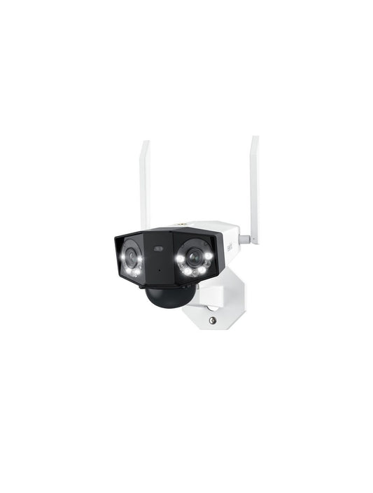 Witte Reolink G750-W dual-lens beveiligingscamera met twee lenzen, spotlights en twee wifi-antennes op een muurbeugel.
