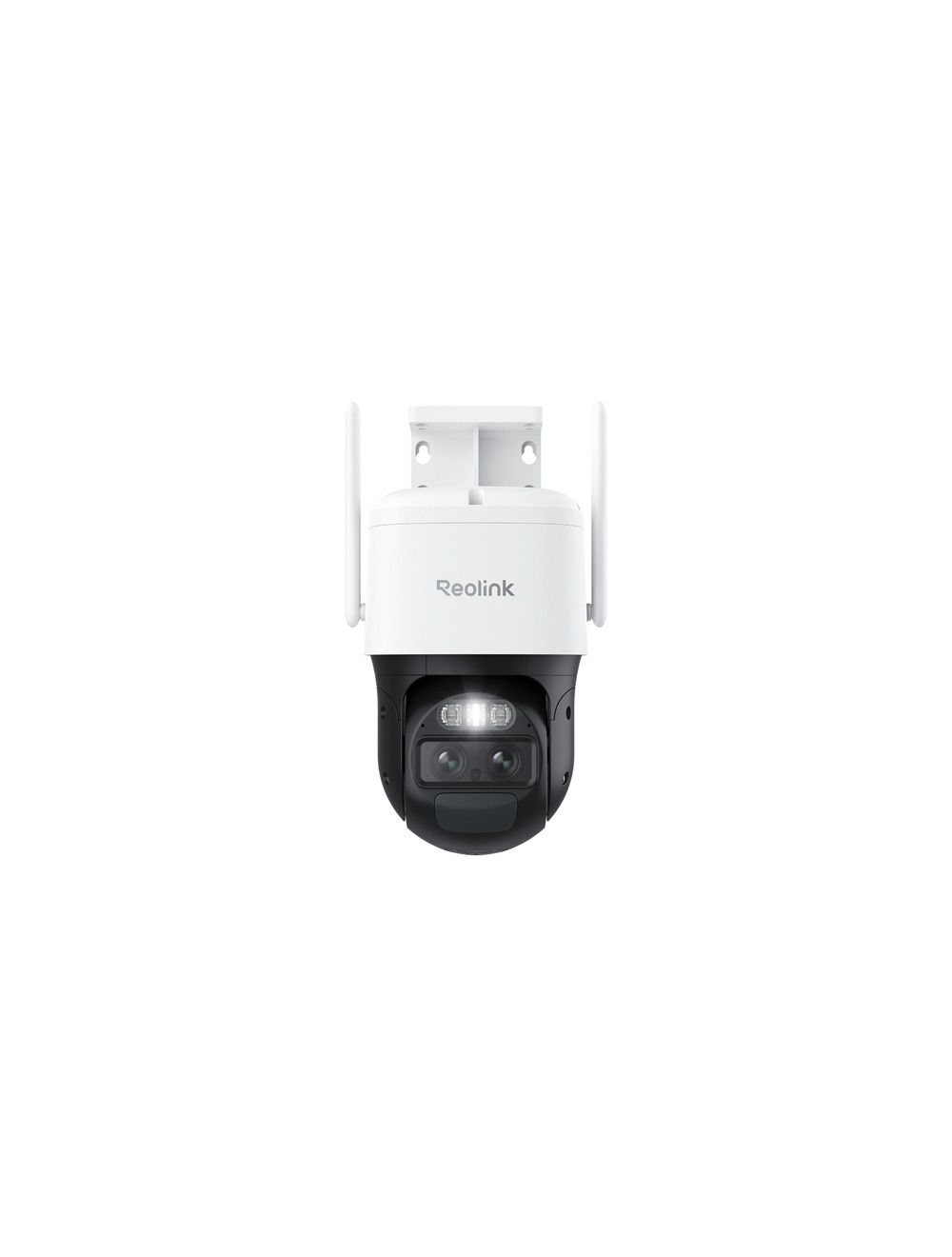 Witte Reolink G770 4K PTZ-beveiligingscamera met dubbele lens, twee antennes en ingebouwde spotlight op een witte achtergrond.