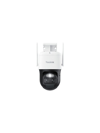 Witte Reolink G770 4K PTZ-beveiligingscamera met dubbele lens, twee antennes en ingebouwde spotlight op een witte achtergrond.