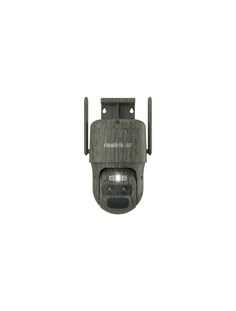 Reolink G770 4K dual-lens PTZ camera met camouflagepatroon, twee antennes en ingebouwde led-verlichting.