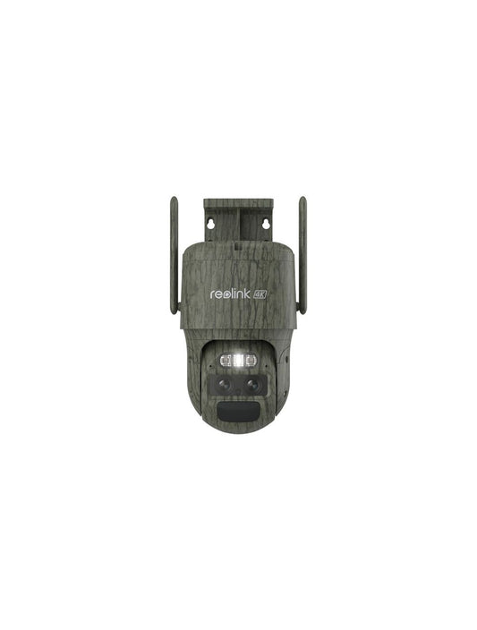 Reolink G770 4K dual-lens PTZ camera met camouflagepatroon, twee antennes en ingebouwde led-verlichting.